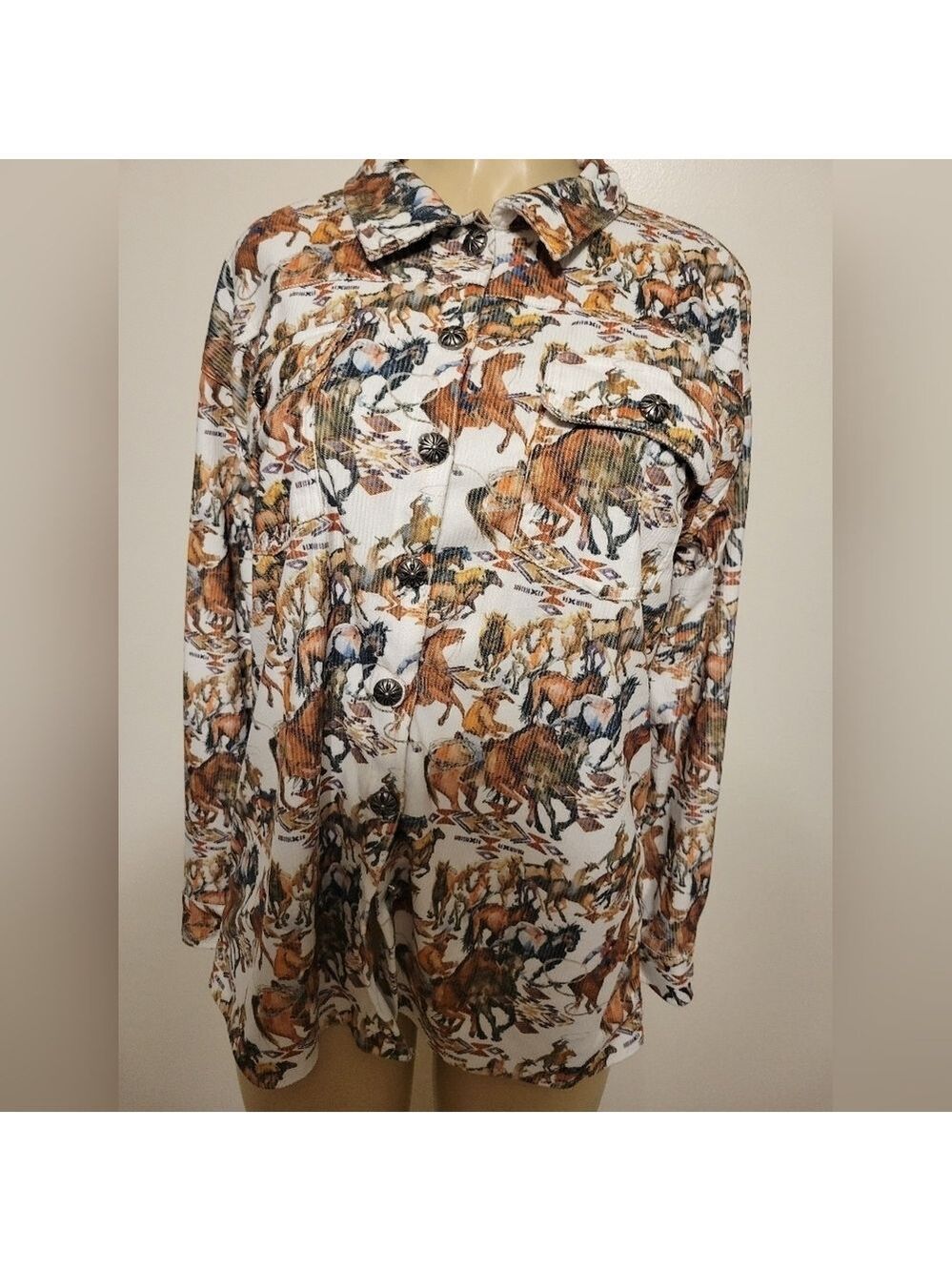 MERIGOLD KISS Button Up Long Sleeve Aztec Farm Rodeo Western Horse Print